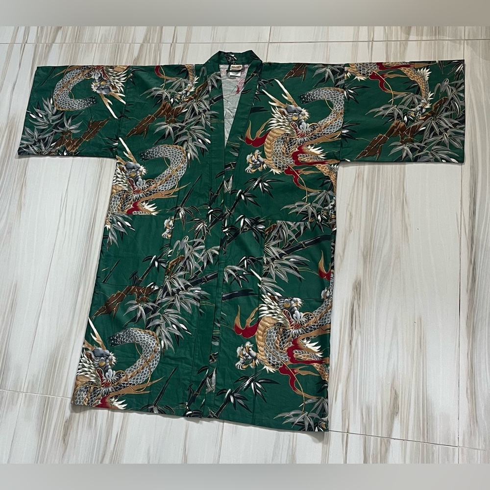 NWOT Japanese Yukata Robe Green Dragon and Bamboo Print Fabric Unisex - Picture 6 of 11